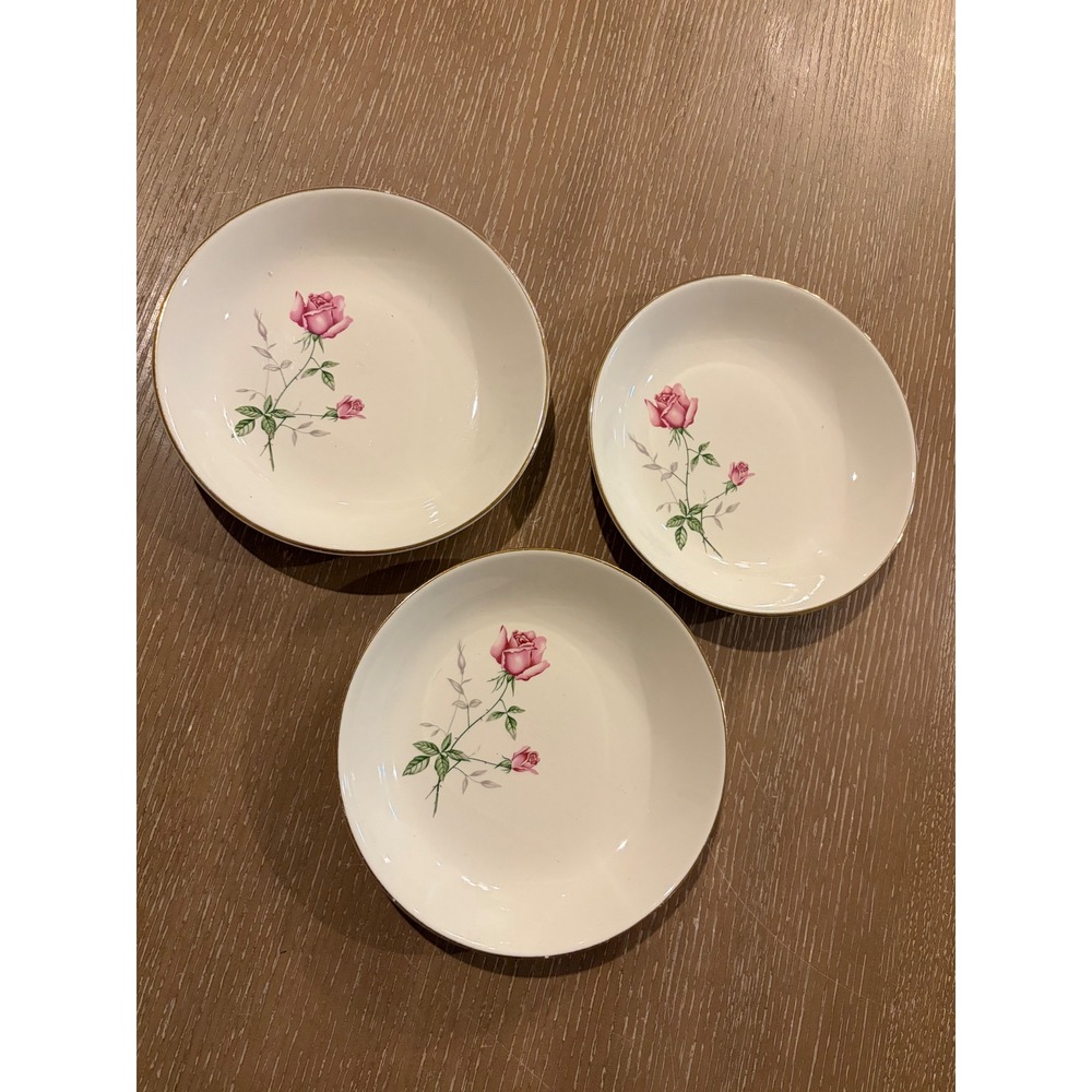Vintage Homer Laughlin HLC3656 Pink Rose 7.5" Soup Bowls Gold Trim Set of 3